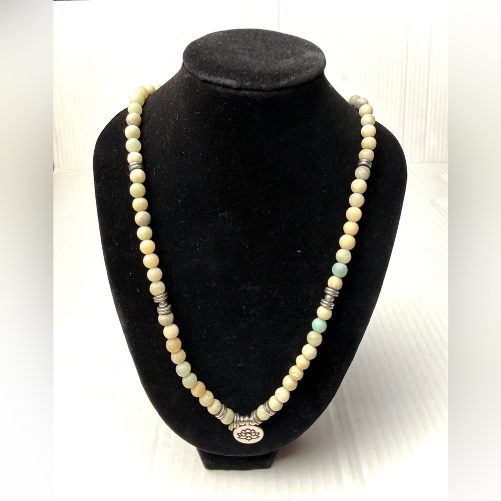 Amazonite Mala Prayer Bead‎ Necklace Lotus Flower Silver Tone Charm Artisan Boho